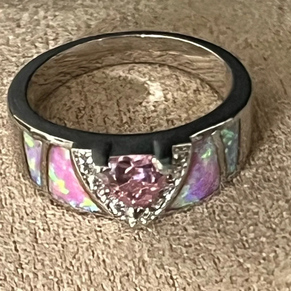 TRILLION-CUT SHIMMERY PINK OPAL-ACCENT PRE-LOVED AUTHENTIC BRASS-PLATED RING